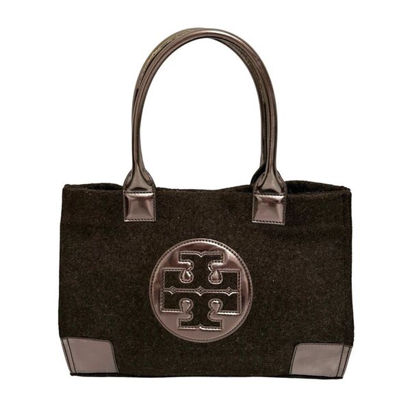 Tory Burch Ella Tote Bag Brown Felt Wool w Detail Metallic Patent Leather - Picture 1 of 10